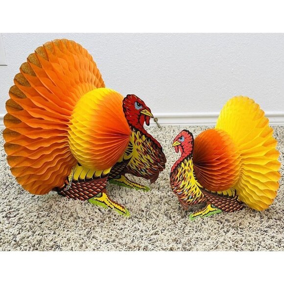VTG BEISTLE CO Set 2 Paper Honeycomb TURKEY Thanksgiving Decorations 12" 18" USA - Picture 1 of 3
